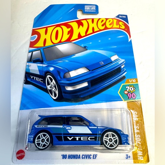 Hot Wheels ´90 Honda Civic EF 1:64 | Serie HW '70s Vs. '90s, Short Card, Colore Blu, Modello 2025, Macchinina Pressofusa Da Collezione, VTEC - 4